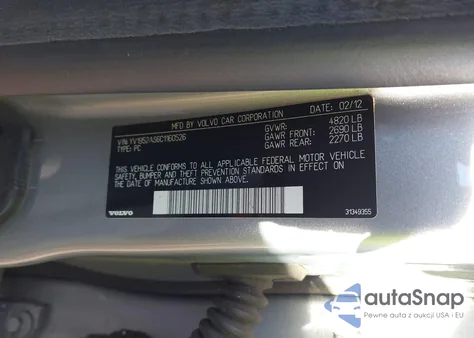 2012 Volvo S80 3.2/3.2 Platinum/3.2 Premier Plus z USA, uszkodzony, nr VIN YV1952AS6C1160526